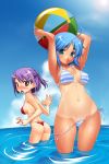  2girls ahoge aqua_eyes armpits arms_up asakura_sakura ass ball beach_ball beachball bikini blue_hair blush breasts brown_eyes cloud embarrassing erect_nipples green_eyes hair_ornament hairclip hips lens_flare looking_back lowleg lowleg_bikini multiple_girls navel ocean one-piece_tan open_mouth original outdoors outside ponytail purple_hair red_bikini short_hair side-tie_bikini sideboob sky smile striped striped_bikini striped_swimsuit submerged sun surprised swimsuit tan tan_line tanline thong_bikini underboob untied wading wardrobe_malfunction water wet wide_hips 