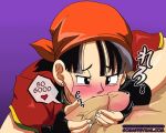 1girl bandanna black_hair blush dragon_ball dragon_ball_gt earrings erection fellatio fingerless_gloves gloves handjob hetero jewelry oral penis precum shirt son_pan t-shirt two-handed_handjob uncensored