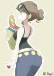  1girl ass back bag baguette bare_shoulders beauty_(pokemon) bread brown_hair food glasses_on_head green_eyes hair_bun humans_of_pokemon npc_trainer poke_ball pokemon pokemon_(game) pokemon_xy sexy_ass single_eye single_green_eye solo souji tight_pants twitter_username 