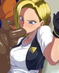 1boy 1girl against_the_wall against_wall android_18 big_breasts big_penis black_gloves blonde blonde_hair blue_eyes dark-skinned_male dark_skin dragon_ball dragon_ball_z earring fellatio forced_oral gloves hand_on_head interracial light-skinned_female light_skin male/female necklace oral squatting