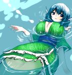 1girl aqua_hair blue_eyes breasts cleavage female floating frills green han_(jackpot) huge_breasts in_water japanese_clothes kimono mermaid monster_girl solo touhou wakasagihime water wet