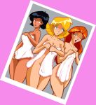 3_girls alex_(totally_spies) black_hair blonde_hair blue_eyes blush breasts brown_eyes clover_(totally_spies) dark_skin embarrassing eyebrows green_eyes long_hair naked_towel nude orange_hair prank sam_(totally_spies) short_hair surprise totally_spies towel