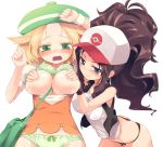  bell_(pokemon) blonde_hair blush bra breasts brown_hair hat long_hair no_pants panties pokemon ponytail short_hair touko_(pokemon) yuri 