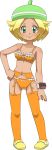  awa bel_(pokemon) bell_(pokemon) blonde_hair bra garter_belt green_eyes hat highres lingerie long_image orange_bra orange_panties panties pokemon short_hair stockings tall_image thighhighs underwear 