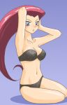 1girl arm armpits arms arms_up art artist_request babe bare_arms bare_legs bare_shoulders black_bra black_panties blue_background blue_eyes blush bra breasts cleavage collarbone gradient gradient_background humans_of_pokemon jessie_(pokemon) legs lingerie long_hair looking_at_viewer midriff musashi_(pokemon) navel neck nintendo no_bangs panties parted_lips pokemon pokemon_(anime) red_hair redhead shadow shiny shiny_hair sitting strapless strapless_bra team_rocket underwear