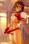 abs breasts brown_eyes brown_hair buruma capcom crotch_rub ez6 fat_mons fingerless_gloves gloves hair headband highres horny midriff muscle navel pussy sakura_kasugano school_uniform sexy_body shaved_pussy short_hair street_fighter underboob wet