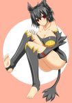  1girl ass bare_shoulders barefoot black_hair breasts cleavage detached_sleeves emboar enbuoh feet gijinka huge_breasts large_breasts moemon personification pokemon pokemon_(game) pokemon_black_and_white pokemon_bw red_eyes short_hair simple_background sitting smile soles solo tail toeless_socks toes yoou_(artist) 