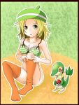  bel_(pokemon) bell_(pokemon) blonde_hair blush bottomless bra breasts cleavage dressing green_eyes hair hat headgear lingerie no_panties no_pants poke_ball pokemon short_hair sitting snivy socks stockings thighhighs underwear undressing 