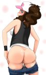 1girl anus ass babe baseball_cap blue_eyes blush bottomless breasts brown_hair deep_skin denim denim_shorts hat long_hair looking_back nintendo no_panties pokemon pokemon_(game) pokemon_black_and_white pokemon_bw ponytail profile quinst short_shorts shorts shorts_pull sideboob smile solo touko_(pokemon) uncensored white_(pokemon) wristband