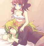  1boy 1girl areola_slip areolae bare_shoulders blue_eyes blush breasts brown_hair cleavage couple female green_eyes green_hair hetero kabocha_torute lap_pillow long_hair lying_on_person n_(pokemon) nipple_slip nipples pokemon pokemon_(game) pokemon_bw ponytail shirt_lift smile torute touko_(pokemon) underboob 