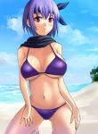  1girl alluring ayane ayane_(doa) beach bikini breasts dead_or_alive female headband large_breasts megane_man ocean purple_bikini purple_hair purple_swimsuit red_eyes scarf short_hair solo squatting swimsuit tecmo water 