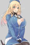 1girl atago_(kantai_collection) black_gloves black_legwear blonde_hair blush breasts cum cum_on_body cum_on_breasts cum_on_upper_body female gloves green_eyes hat kantai_collection large_breasts long_hair nekoume open_mouth paizuri paizuri_under_clothes pantyhose penis perpendicular_paizuri personification rough seiza sitting sketch smile solo_focus