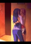 2girls against_wall ass blue_hair closed_eyes clothed comic couple denim hair hinata_hyuuga hugging jeans kissing letterboxed long_hair multiple_girls mutual_yuri nail_polish naruto naruto_shippuden pants pink_hair sakura_haruno samurai-pet shorts slj yuri