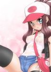  1girl :&lt; baseball_cap blue_eyes blush breasts brown_hair denim denim_shorts female game_freak hat hilda_(pokemon) humans_of_pokemon long_hair nintendo pokemon pokemon_(game) pokemon_black_and_white pokemon_bw ponytail protagonist_(pokemon) sakura_ryuken sakura_ryuuken see-through short_shorts shorts skindentation solo thighhighs touko_(pokemon) wet wet_clothes white_(pokemon) 