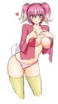  1girl anthrofied audino blue_eyes breast_suppress breasts cleavage emukon heart huge_breasts humanized large_breasts multicolored_hair open_shirt panties pink_hair pokemon pokemon_(game) pokemon_bw short_hair short_twintails smile solo striped striped_panties tabunne tail thighhighs twintails two-tone_hair underwear 