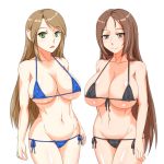  2girls big_breasts bikini breasts brown_eyes brown_hair brunette green_eyes hair huge_breasts jt_dong-agyoku large_breasts long_hair lowleg lowleg_bikini micro_bikini multiple_girls open_mouth pussy smile swimsuit white_background 