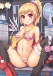 1girl bad_id bikini blonde_hair emilia_percival erect_nipples headphones headphones_removed long_hair necktie phantasy_star phantasy_star_portable_2 picolumi ponytail red_eyes short_hair single_shoe solo spread_legs stockings striped striped_bikini striped_swimsuit swimsuit thighhighs