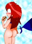 ass bigbootyinc bikini blush bottomless bubble_butt embarrassing green_eyes hamburger long_hair red_hair shiny shiny_skin surprise torn_clothes torn_clothing wardrobe_malfunction