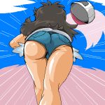 1girl ass baseball_cap bent_over black_hair blue_eyes breasts brown_hair cloud creatures_(company) denim denim_shorts female female_protagonist_(pokemon_bw2) from_behind game_freak hat hat_removed headwear_removed hilda_(pokemon) humans_of_pokemon jean_shorts kneepits legs_crossed light-skinned_female long_hair lowres motion_lines nintendo oekaki outdoors pokemon pokemon_(anime) pokemon_(game) pokemon_black_2_&_white_2 pokemon_black_and_white pokemon_bw pokemon_bw2 rf short_shorts shorts sky solo speed_lines standing touko_(pokemon) white_(pokemon)