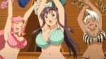 3girls ^_^ akaza_chacha amaya_haruko animated bikini black_hair blue_bikini bouncing_breasts bra breasts celia_ootsuka cleavage closed_eyes dark_skin female frilled_bikini frills gif green_eyes hair huge_breasts long_hair lowres maken-ki! multiple_girls open_mouth pink_bikini pink_hair ponytail screencap smile striped striped_bikini striped_swimsuit swimsuit underwear undressing