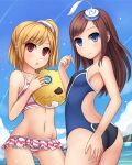  2girls alfa_system ass bad_id ball beach beachball bikini bikini_skirt blonde_hair blue_eyes boner brown_hair cameo emilia_percival frilled_bikini frills long_hair lowleg lumia_waber multiple_girls one-piece_swimsuit phantasy_star phantasy_star_portable phantasy_star_portable_2 picolumi rappy red_eyes short_hair side_ponytail striped striped_bikini striped_swimsuit swimsuit water 