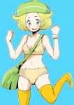 bel_(pokemon) bianca_(pokemon) blonde_hair blue_background bra cameltoe futchi_(pixiv_id_1398476) green_eyes hat huge_breasts humans_of_pokemon lingerie orange_bra orange_panties panties pokemon pokemon_(game) pokemon_black_and_white pokemon_bw polka_dot polka_dot_bra polka_dot_panties short_hair stockings thighhighs underwear