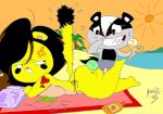  angry ass beach bikini bikini_top black_eyes black_hair blush brown_hair embarrased furry happy_tree_friends heart ice_cream looking_back pumahtf_(artist) side-tie_bikini smile string_bikini sun surprise swimsuit tattoo topless virginie_the_puma 