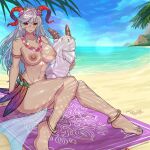 1:1_aspect_ratio 1girl 1girl bikini breasts clothing fire_emblem fire_emblem_heroes freyja_(fire_emblem) horns nintendo nipples redjet swimsuit topless white_hair