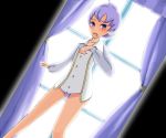  1girl anabel androgynous blush curtains dutch_angle embarrassed frontier_brain lavender_hair lila_(pokemon) nintendo no_pants panties pokemon pokemon_(game) pokemon_rse purple_eyes purple_panties reverse_trap short_hair solo tomboy underwear violet_eyes window world_climb 