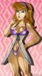 breasts cleavage daphne_blake hairband lipstick long_hair orange_hair panties purple_eyes purple_panties scooby-doo shiny shiny_skin underwear x^j^kny_(artist)