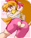 1girl akatsutsumi_momoko akazutsumi_momoko ass ass_cutout bent_over bike_shorts blossom blossom_(ppg) bow brown_hair curvy cutout embarrassed embarrassing from_behind hair_ribbon heart heart_cutout huge_ass hyper_blossom isu legs long_hair looking_back lowres no_panties oekaki pants_hole pink_background pink_bow plump ponytail powerpuff_girls powerpuff_girls_z pussy pussy_peek red_eyes ribbon solo spandex thick_thighs torn_clothes torn_clothing uncensored wardrobe_malfunction when_you_see_it white_border wide_hips