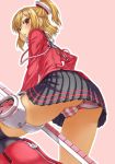 1girl asymmetrical_hair blonde_hair blush cameltoe emilia_percival from_below hair panties pantyshot phantasy_star phantasy_star_portable_2 pleated_skirt ponytail pussy red_eyes selece side_ponytail skirt solo stockings striped striped_panties trefoil underwear upskirt