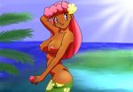 1girl arm arm_up arms art artist_request ass babe bare_arms bare_shoulders big_breasts blue_eyes breasts butt_crack cleavage dark_skin flower flower_print hair_flower hair_ornament joy_(pokemon) long_hair looking_back neck nintendo nipples nurse_joy ocean outside palm_tree pink_hair plant pokemon pokemon_(anime) sarong sea sky smile sun topless tree