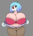 ahoge blue_hair breasts brown_eyes cleavage clown_girl fizzie_(vendant) high_res huge_breasts large_ass navel thick_thighs undressing vendant wide_hips