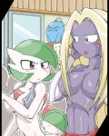  blonde_hair blush breast_envy breasts censored convenient_censoring covering earrings embarrassed furry gardevoir jewelry jynx large_breasts long_hair lowres nude pokemon purple_skin ralts topless towel uranoyoru wobbuffet 