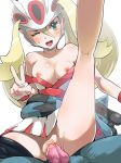  1girl boris_(noborhys) breasts censored clitoris gym_leader held_up koruni_(pokemon) lucario nipples penis pokemon pokemon_(game) pokemon_xy pussy pussy_juice sex skirt sweat vaginal 