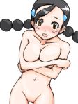 1girl :o arm arms art babe bare_arms bare_shoulders big_breasts black_hair blush braid breast_press breasts brown_eyes candice candice_(pokemon) cleavage collarbone covering covering_breasts crossed_arms embarrassed gym_leader hair_ornament legs long_hair looking_at_viewer navel nintendo nude open_mouth pokemon pokemon_(anime) pokemon_(game) pokemon_dppt pussy shiny shiny_hair shy simple_background suzuna suzuna_(pokemon) tears twin_braids white_background