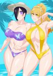 2_girls alluring beach big_breasts bikini black_hair blonde_hair cleavage kanisuka_rita ocean ohsama_sentai_king-ohger otokam1117 purple_eyes ran_himeno super_sentai