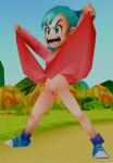 3d beach blue_eyes blue_hair blush blush_lines bottomless bulma_brief dragon_ball_(classic) edit edited_screencap exhibitionism incogcatto long_sleeves low_poly open_mouth pajamas palm_tree pink_pajamas pink_shirt pussy raised_eyebrows rock screenshot shirt_lift side_ponytail sneakers tree videogame