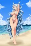 1girl barefoot beach blue_hair breasts cleavage cloyster cloyster_(cosplay) creatures_(company) elite_four_(kanto_region) game_freak hand_on_hip hips horns humans_of_pokemon jouwan karen_(pokemon) karin_(pokemon) long_hair nintendo personification pokemon pokemon_(anime) pokemon_(game) porkyman silver_blue_eyes silver_blue_hair sling_bikini solo swimsuit thigh_gap thighs very_long_hair water_type_pokemon wavy_hair