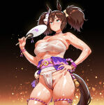 ai_generated bare_thighs big_breasts brown_hair chest_sarashi cyan_eyes fundoshi horse_ears horse_girl horse_tail huge_breasts huge_thighs inari_one_(umamusume) light-skinned_female light_particles light_skin low-angle_view massive_breasts obi oiled_body oiled_skin panties pubic_hair pubic_hair_peek pussy_hair sarashi shimenawa solo_female squatting sweat sweatdrop thick_body thick_female thick_thighs thighs topless twin_tails umamusume umamusume_pretty_derby voluptuous voluptuous_female