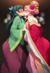 2_girls ai_generated bare_thighs big_breasts blue_eyes blush breasts_squeezed_together cyan_eyes drunk fat_ass flower_in_hair gigantic_breasts green_hair gyokuyou_(kusuriya_no_hitorigoto) hair_bun hair_ornament hair_ribbon huge_breasts huge_thighs japanese_clothes kissing kusuriya_no_hitorigoto light-skinned_female light_skin long_hair maomao_(kusuriya_no_hitorigoto) massive_breasts mature_female pigtails pink_hair squatting sweatdrop thick_body thick_female thick_thighs thighs voluptuous voluptuous_female yuri
