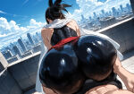 1boy1girl ai_generated bodysuit boku_no_hero_academia bulge city cityscape curvy curvy_female curvy_figure from_behind gilf grinding long_hair mature_female milf my_hero_academia nana_shimura superheroine
