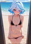  1girl 1girl 1girl 1girls ai_generated aqua_eyes bikini black_bikini black_bra black_panties blue_eyes blush breasts clothes_lift day female_only front_view furina_(genshin_impact) genshin_impact heterochromia high_res high_resolution looking_at_viewer navel outside short_hair solo_female standing streaked_hair sweat sweatdrop thighs two_tone_hair white_hair xsinsai 