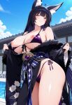  1girl ai_generated azur_lane big_breasts bikini bikini_top_aside breasts breasts_out female_only fox_ears fox_girl long_hair musashi_(azur_lane) nipples obi outdoor_pool outside overcoat pool poolside purple_bikini purple_hair sash ship_girl smile solo_female vegaforge yellow_eyes 