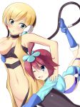 2girls ass blonde_hair blue_eyes blush breasts elesa female fuuro gym_leader kamitsure kamitsure_(pokemon) large_breasts long_hair midriff multiple_girls open_mouth pantyhose pokemon red_hair short_hair skyla smile wink