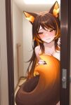1girls ai_generated big_breasts biting_lip blush breasts brown_hair covering_body covering_with_tail embarrassed embarrassed_nude_female female_only hellhound indie_virtual_youtuber indie_vtuber indoors long_hair looking_away multicolored_hair multicolored_tail naked_female nervous nude nude nude_female orange_eyes orange_hair sinder_(vtuber) solo_female virtual_youtuber vtuber wolf_ears wolf_girl wolf_tail
