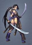  1girl 1girl 1girls 2026 armor artist_name ass ass ass_cutout asymmetrical_bangs bandages bare_shoulders bikini_armor black_hair booty breasts bsky_source chaps clothing_cutout commentary dat_ass dual_wielding english_commentary facing_away fighting_game from_behind grey_background hair_tie high_res holding holding_sword holding_weapon japanese_clothes jiggeh katana long_hair looking_back ninja nose ponytail project_soul revealing_clothes sheath shura_(soul_calibur) shura_(soulcalibur) sideboob simple_background soul_calibur soul_calibur_iv soulcalibur soulcalibur_iii standing sword toned toned_female torn_clothes video_game_character video_game_franchise video_games weapon 