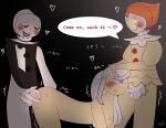 1girls 2boys all_fours art_the_clown artist_name ass blue_eyes blush blushing_profusely breasts clothed_male_nude_female clown clown_makeup completely_nude crossover dialogue digital_media_(artwork) doggy_position double_penetration fellatio female female_human female_penetrated genitals glowing_eyes group_sex human humanoid irrumatio it_(film) jessica_(zazakihorny) long_hair makeup male male/male/female mime mini_hat mmf_threesome multiple_boys naked_female nude nude_female oral oral_penetration orange_hair penis pennywise_the_dancing_clown sex short_hair smile speech_bubble spitroast sweat teeth terrifier terrifier_(film) testicle text threesome top_hat torn_clothes vaginal vaginal_penetration vaginal_sex white_hair white_skin yellow_eyes zazakichan zazakihorny