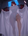  1girl 1girl ai_generated bangs big_breasts blush breasts demon_girl demon_wings from_below hair_over_one_eye indoors long_sleeves looking_at_viewer looking_down nyx_x parted_lips purple_hair questionable red_eyes red_hair see-through see-through_silhouette sensitive smile standing stockings thighs wings 